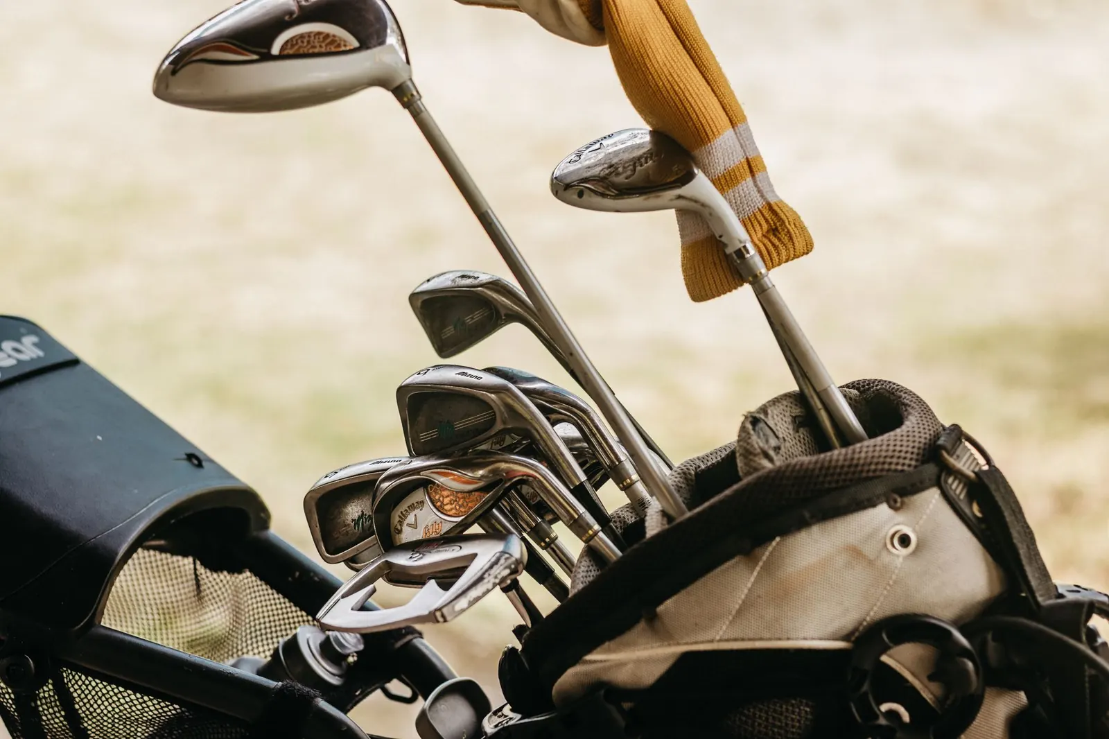 Irons and a wood standing in a golf bag